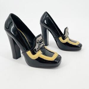 Prada Fall 2010 Runway Black Patent Yellow Trim Metal Logo Platform Heels 36.5